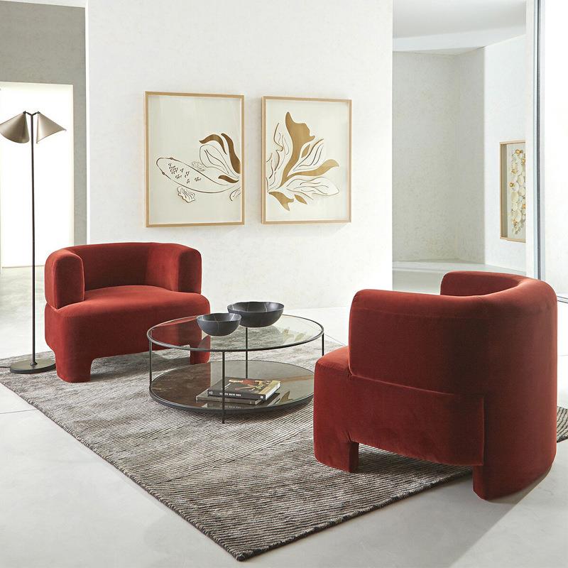 布艺单人沙发椅设计师焦糖红酒店客房沙发椅绒布整装店铺休息沙发