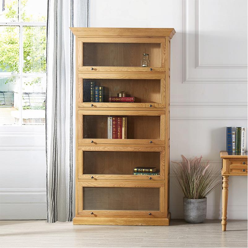 北欧实木书柜带玻璃门原木橡木樱桃木日式家用组合书架落地窄柜子