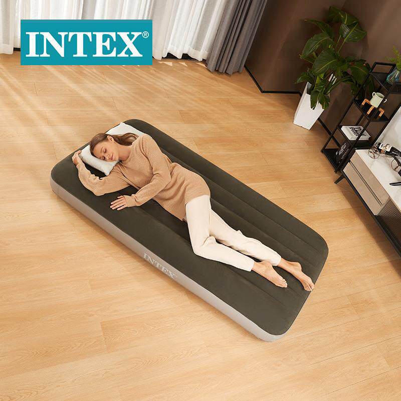 INTEX64107绿色单人植绒线拉空气床气垫床加厚充气床野营床