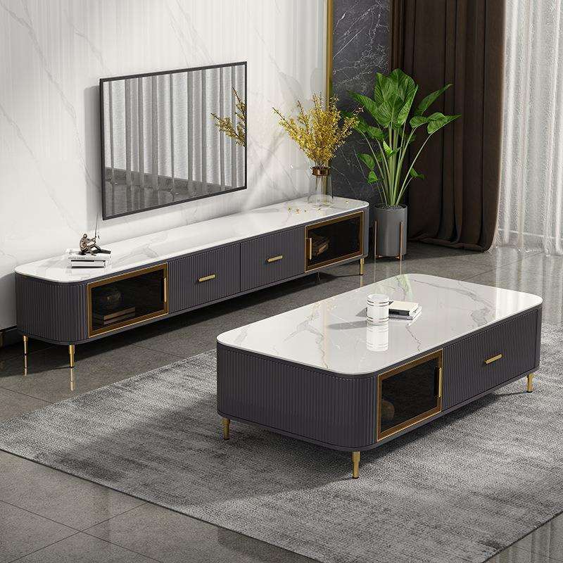 轻奢岩板茶几电视柜组合现代简约设计师方形烤漆小户型客厅玻璃门