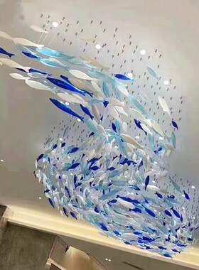 宴会厅飞鱼造型玻璃灯餐厅鱼型吊灯酒店大堂商场艺术创意鱼群装饰