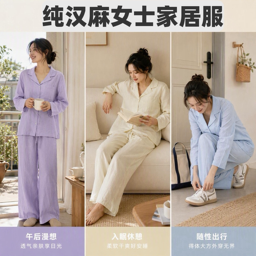 新款15英支纯汉麻女款家居服套装高级感长袖长裤家居服