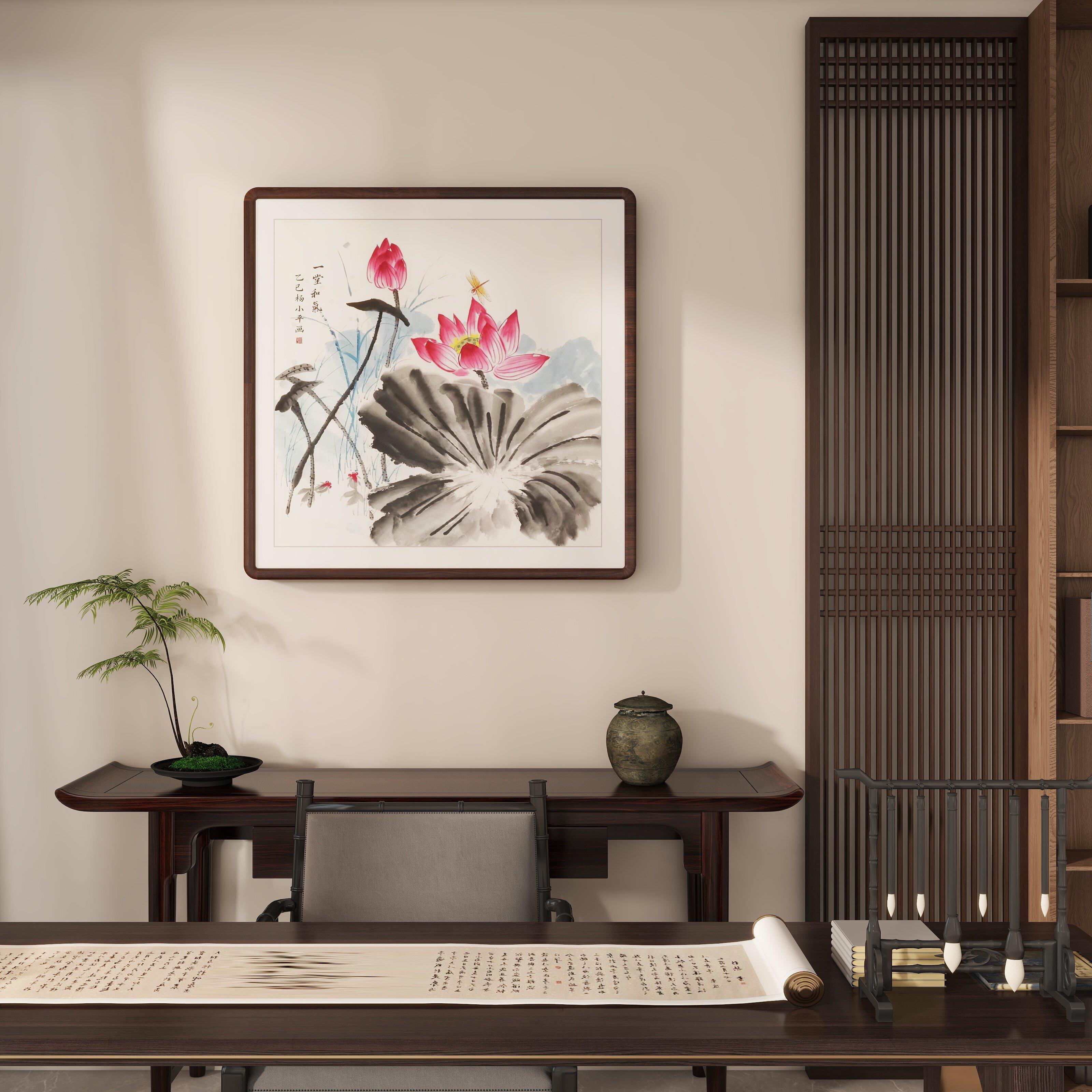 纯手绘荷花新中式客厅挂画餐厅装饰画斗方国画梅花小品花鸟莲鱼图