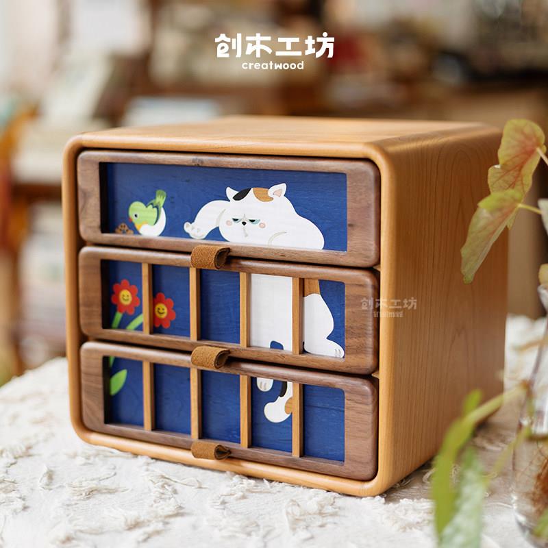 顽皮猫收纳柜/实木猫抓鸟茶桌面杂物饰品多层收纳盒创意生日礼物
