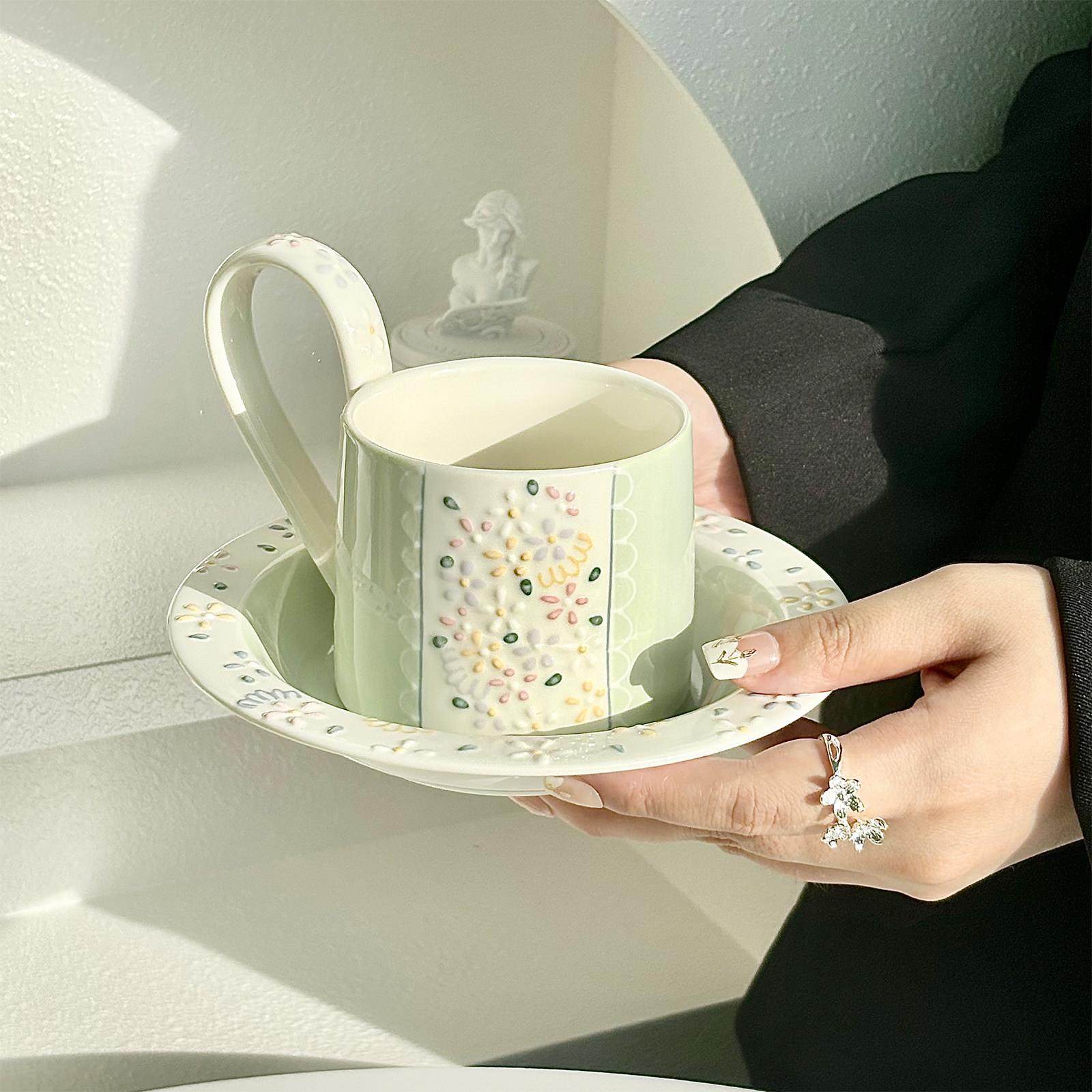 甜玖 薄荷绿咖啡杯碟 高档精致陶瓷覆古手绘高级感轻奢高颜值杯子