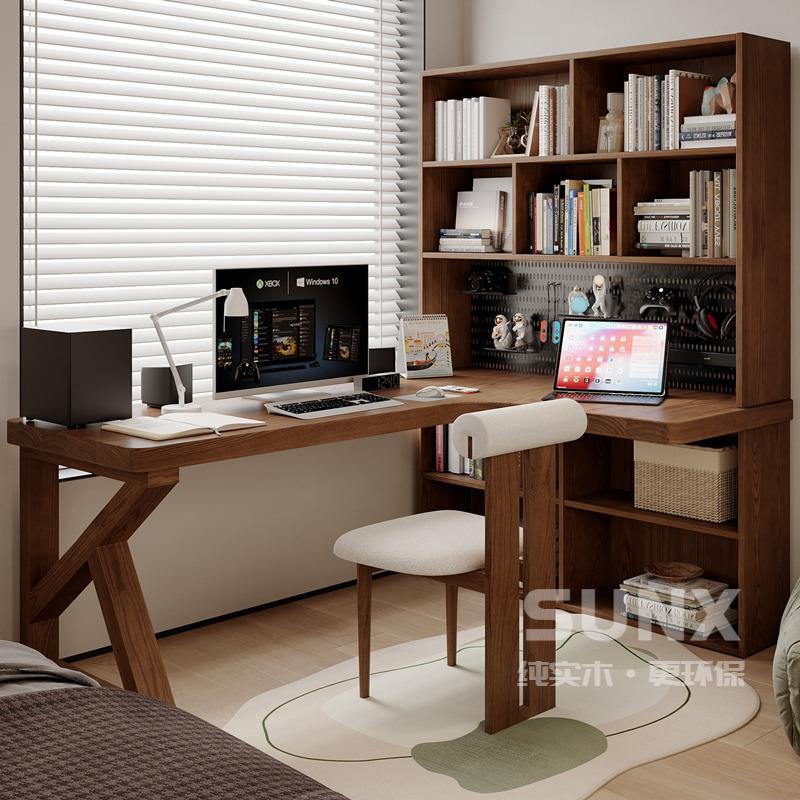 sunx实木转角书桌书柜书架组合一体整墙角落拐角桌Ll型学生学习桌