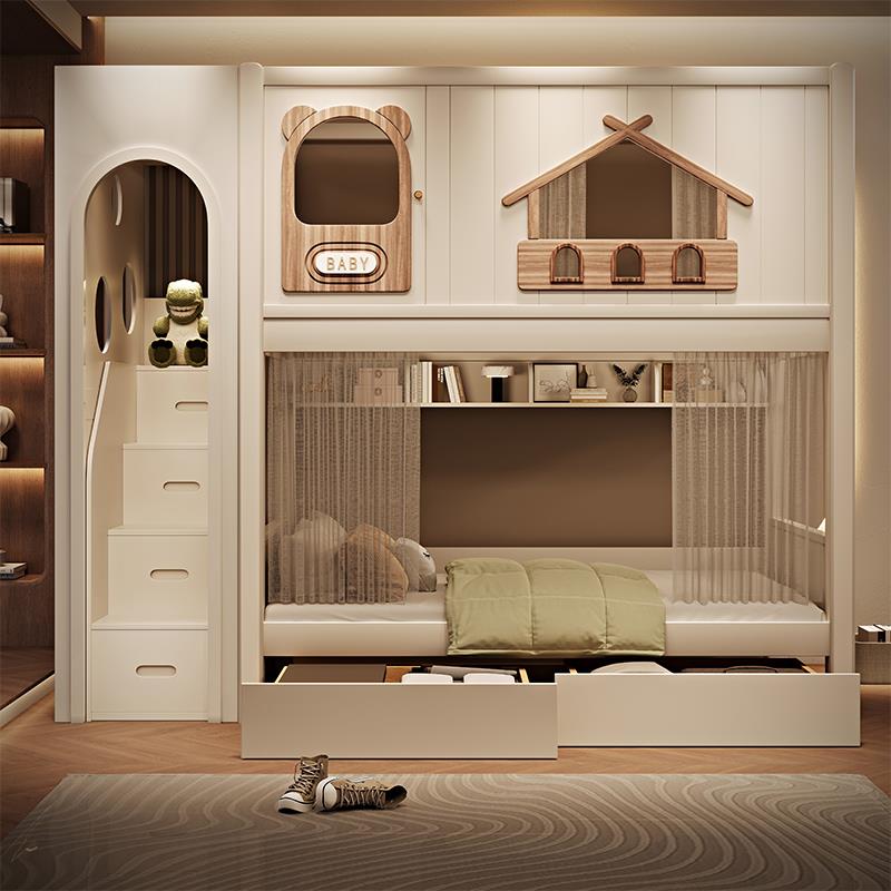 全实木加粗加厚儿童床双层床上下铺高护栏树屋床互不干扰子母床