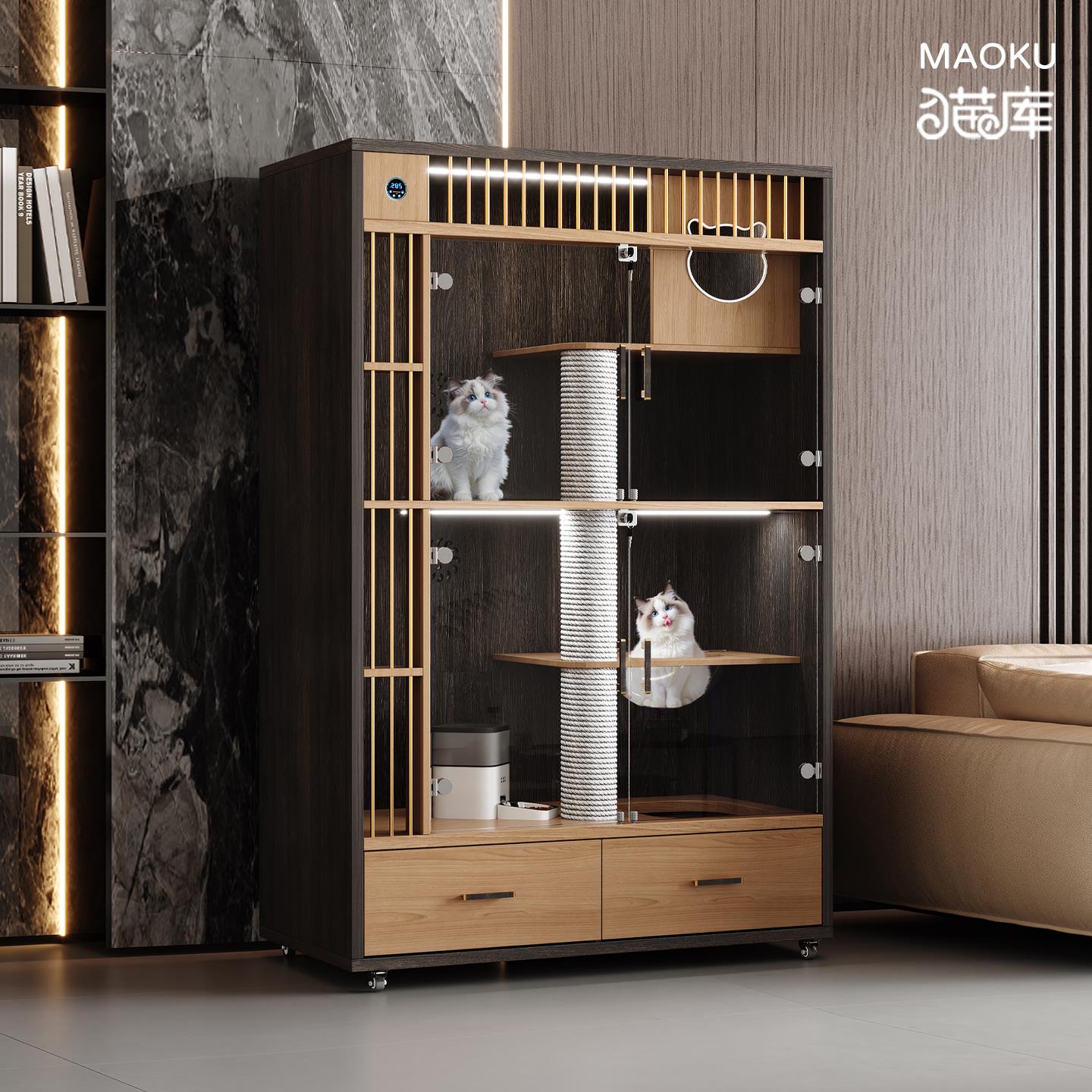 智能猫别墅实木家用室内猫笼新风猫柜猫房屋猫舍猫砂盆带厕所一体
