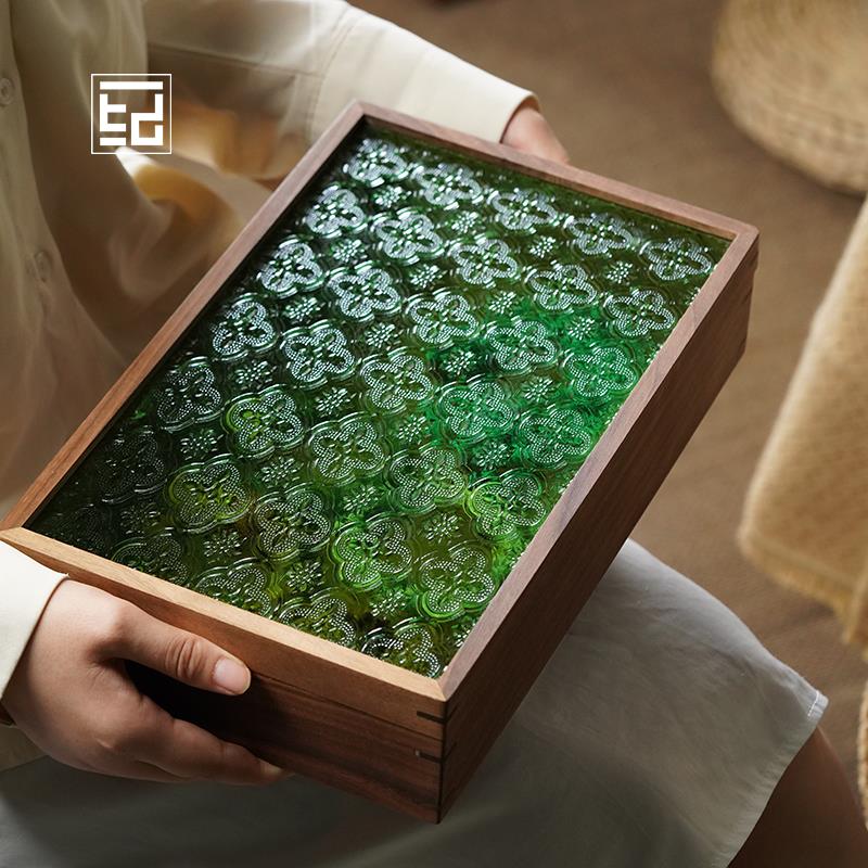 黑胡桃木桌面收纳盒覆古海棠花玻璃防尘储物盒实木文玩手串收藏盒
