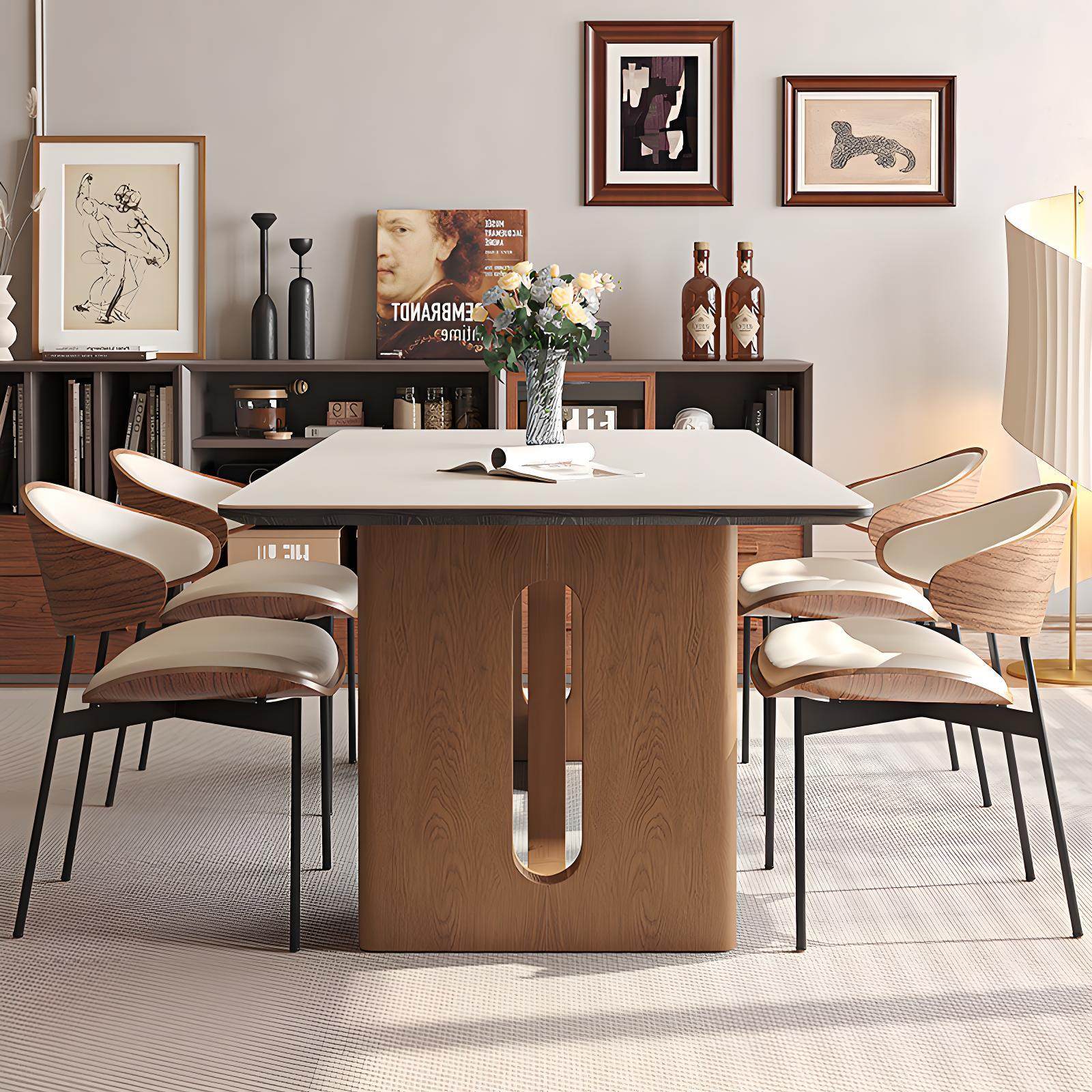 中式复古风岩板餐桌椅子组合家用小户型吃饭桌现代简约长方型桌子