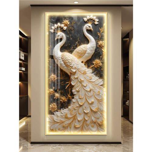 孔雀轻奢led带灯入户玄关装饰画走廊过道挂画壁画简约现代高级感