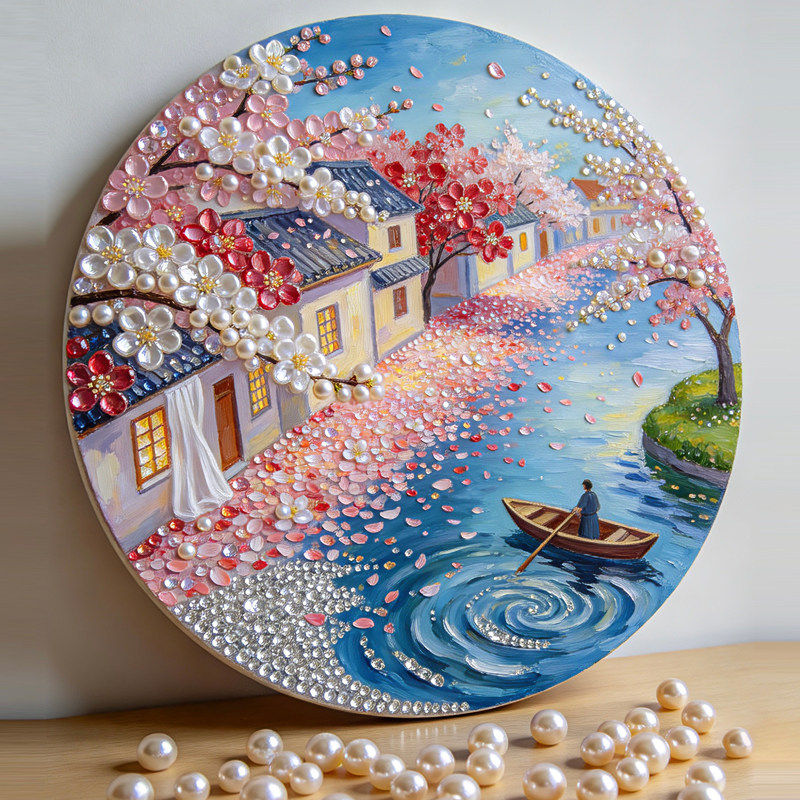 江南水乡小镇圆形珍珠画diy手工材料包治愈系花卉风景钻石装饰画