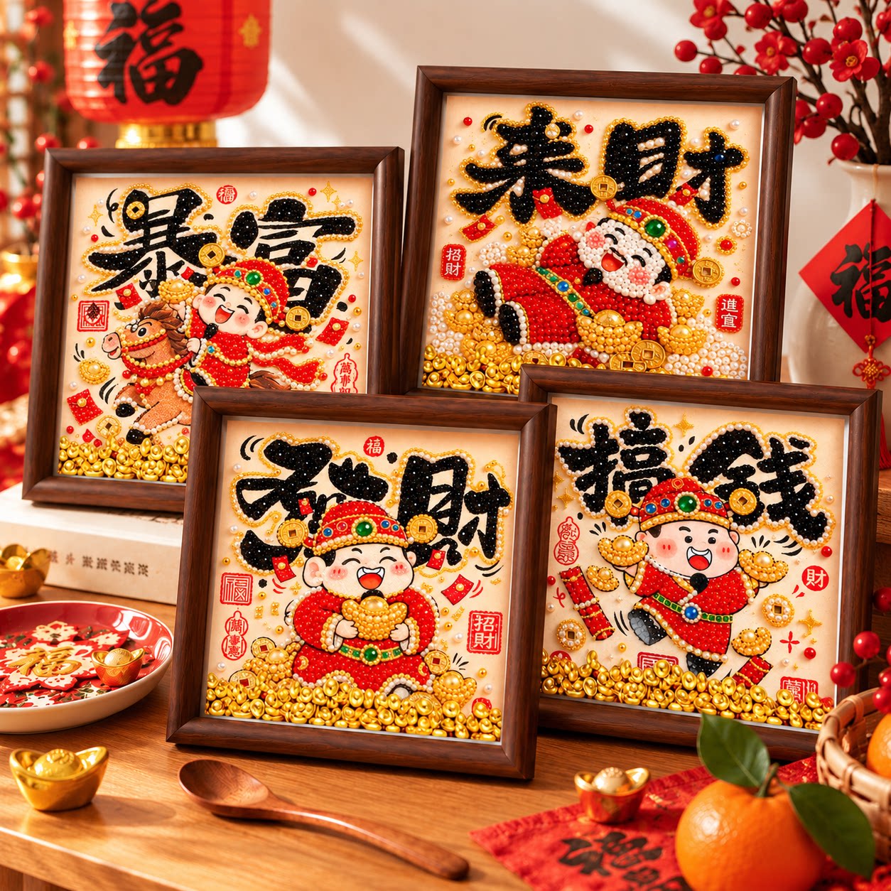 中式财神珍珠钻石绣拼贴画