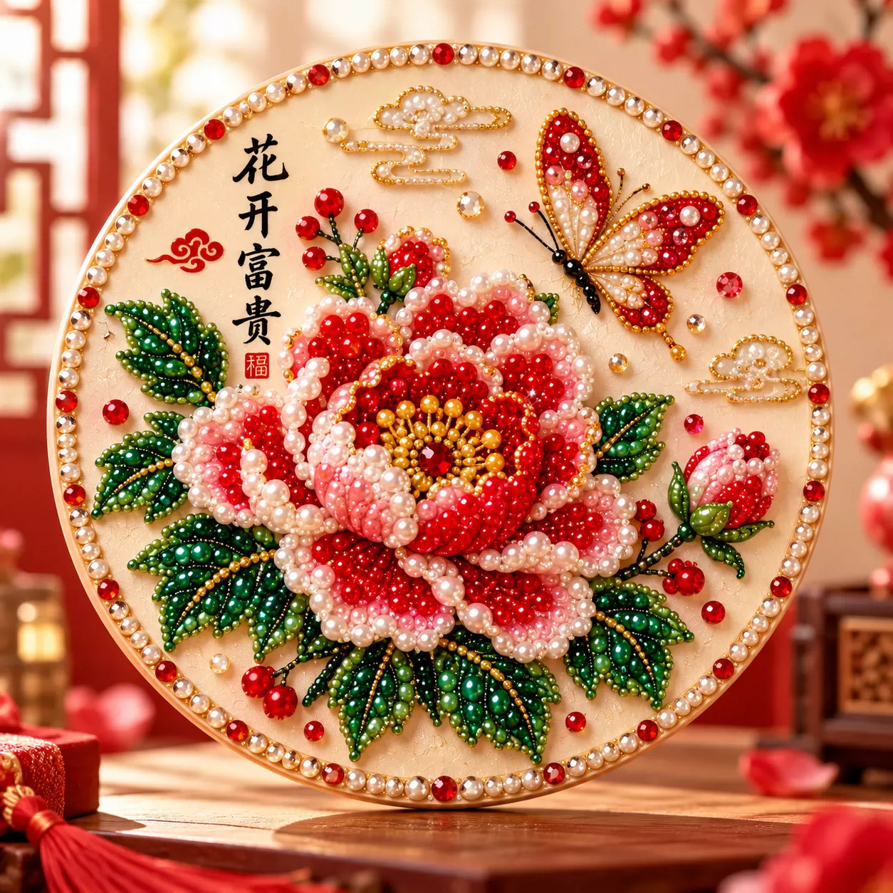 花开富贵圆形diy珍珠画手工钻石粘贴材料包中式花卉氛围感装饰画
