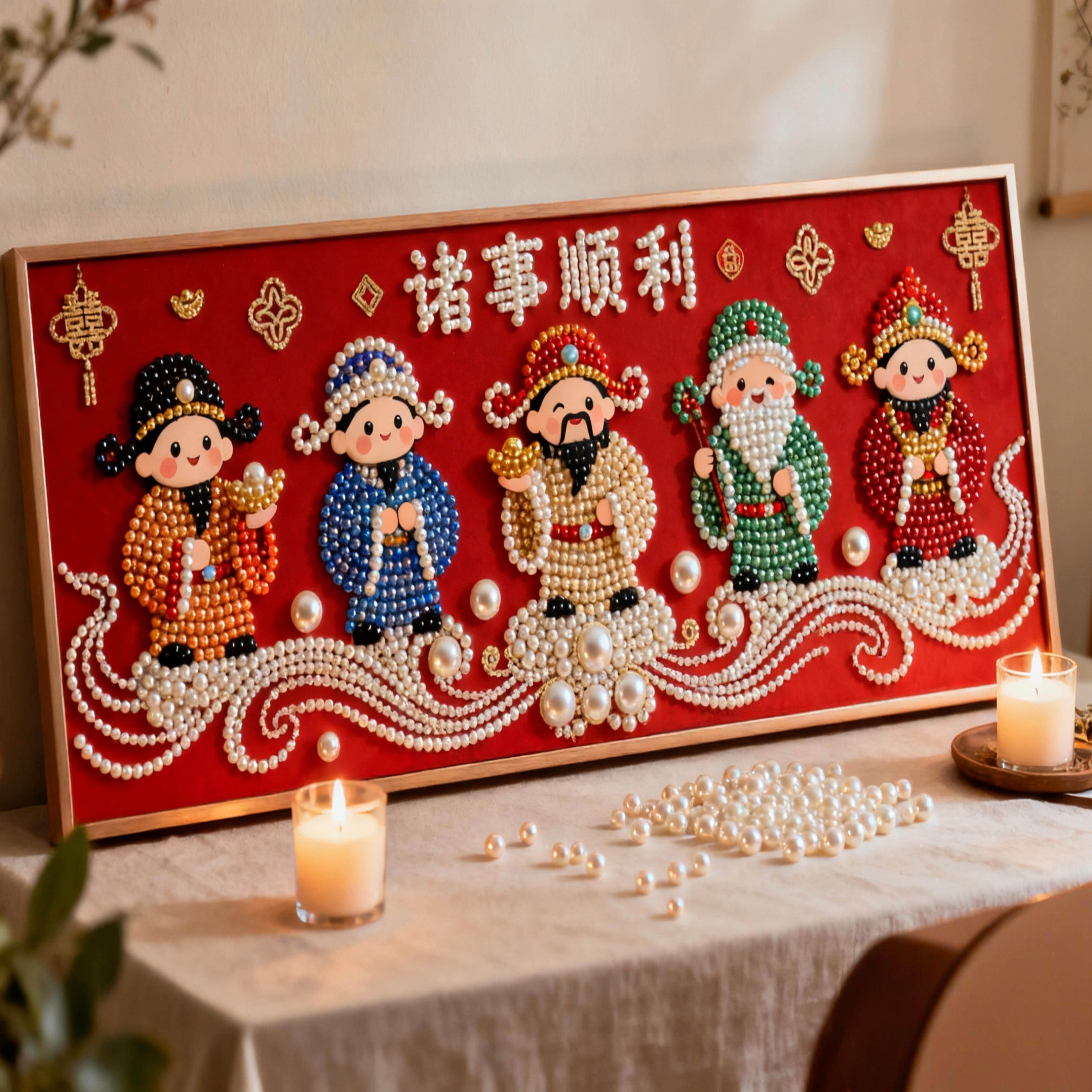 五福财神珍珠画diy手工材料包新款好寓意平安喜乐卧室氛围装饰画
