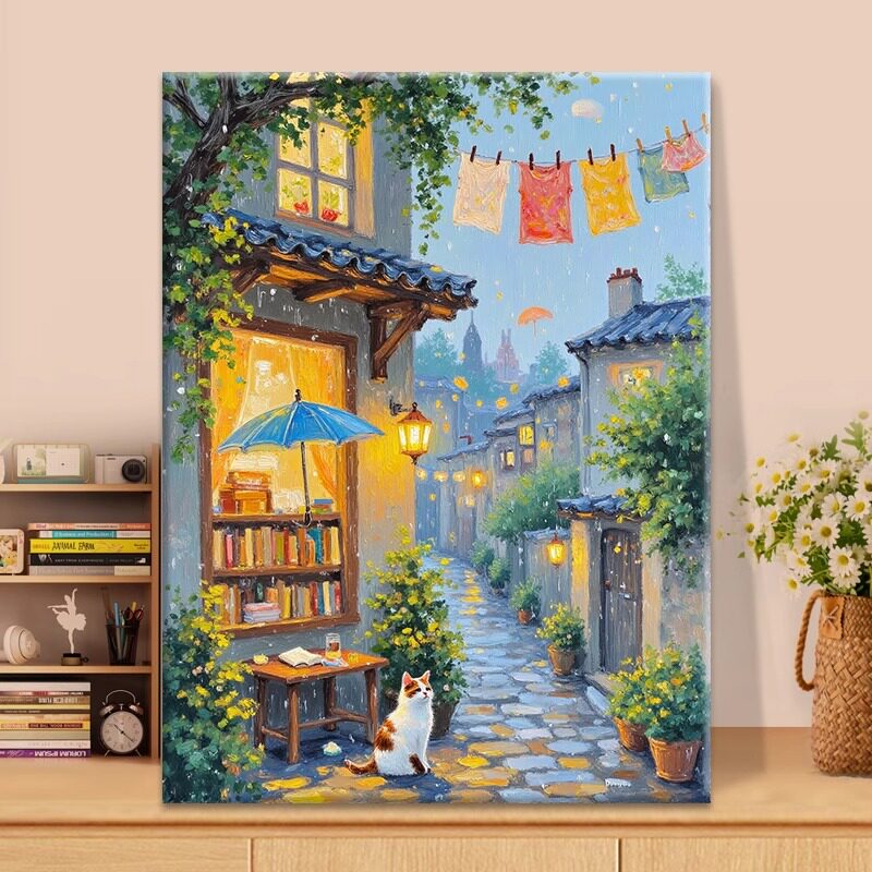 雨巷猫猫diy数字油画填涂色手工绘治愈系猫咪书店丙烯油彩装饰画