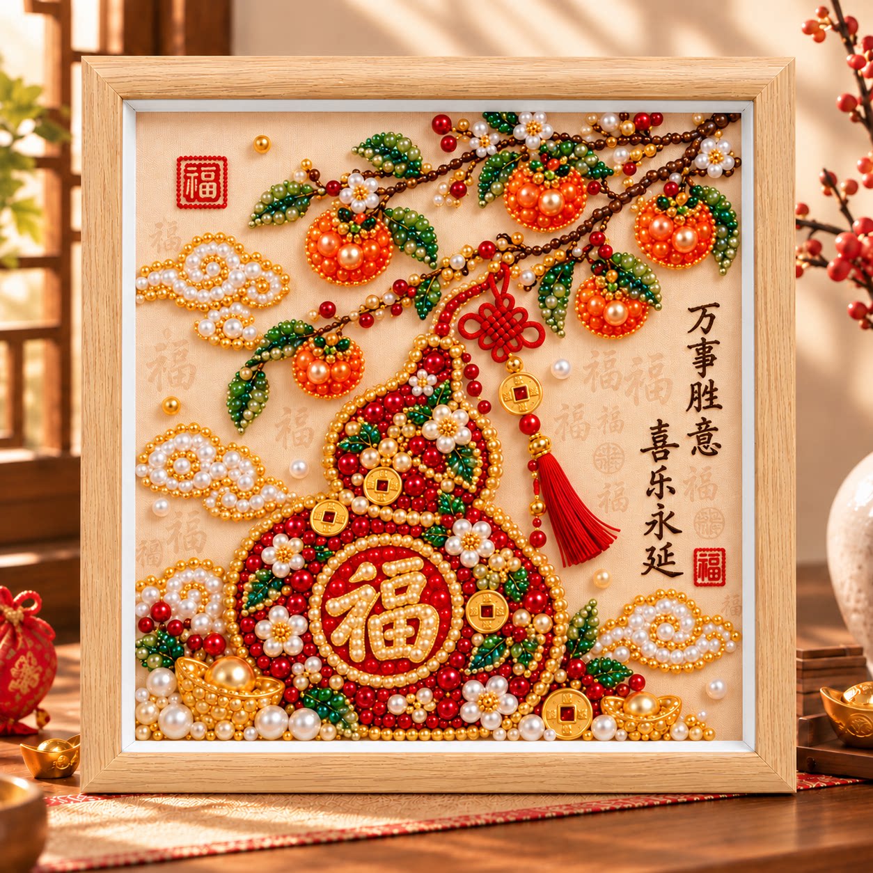 中式福禄珍珠钻石绣粘贴画招财
