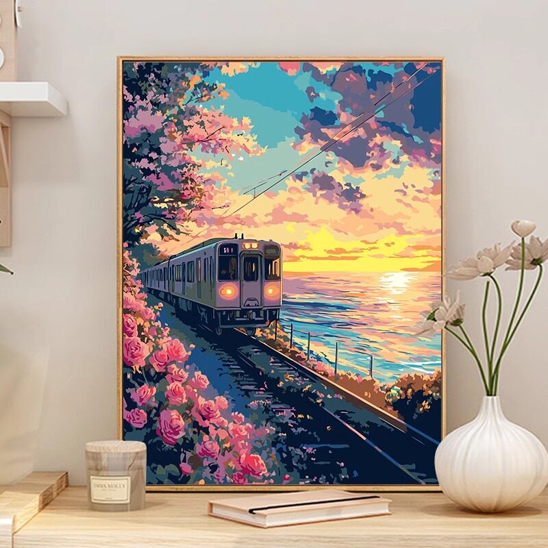 宫崎骏玫瑰列车diy数字油画海滨夕阳治愈系涂色手工绘油彩装饰画