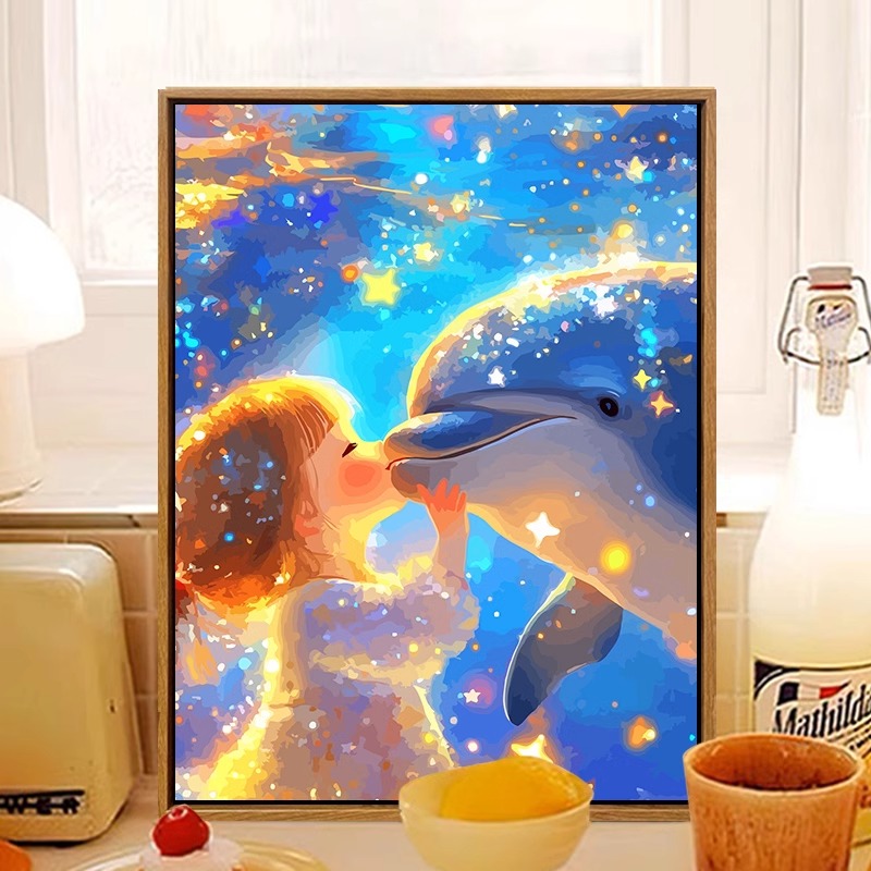 梦幻海豚与女孩数字油画diy治愈系手工手绘涂色填色装饰油彩挂画
