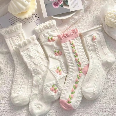 春秋白色花边中筒堆堆袜女