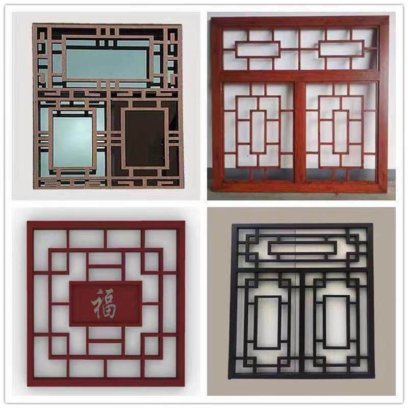 铝合金窗花格栅新中式屏风防盗网美人靠铝护栏挂落木纹古建筑厂家