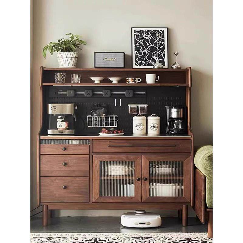 黑胡桃木色实木餐边柜一体靠墙储物柜客厅岩板茶水柜咖啡机置物柜