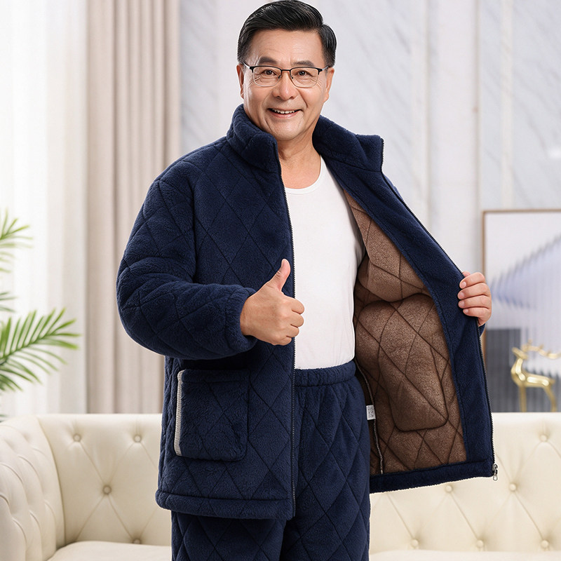 新款睡衣秋冬季男士家居服三层加厚保暖加绒中老年款夹棉袄套装