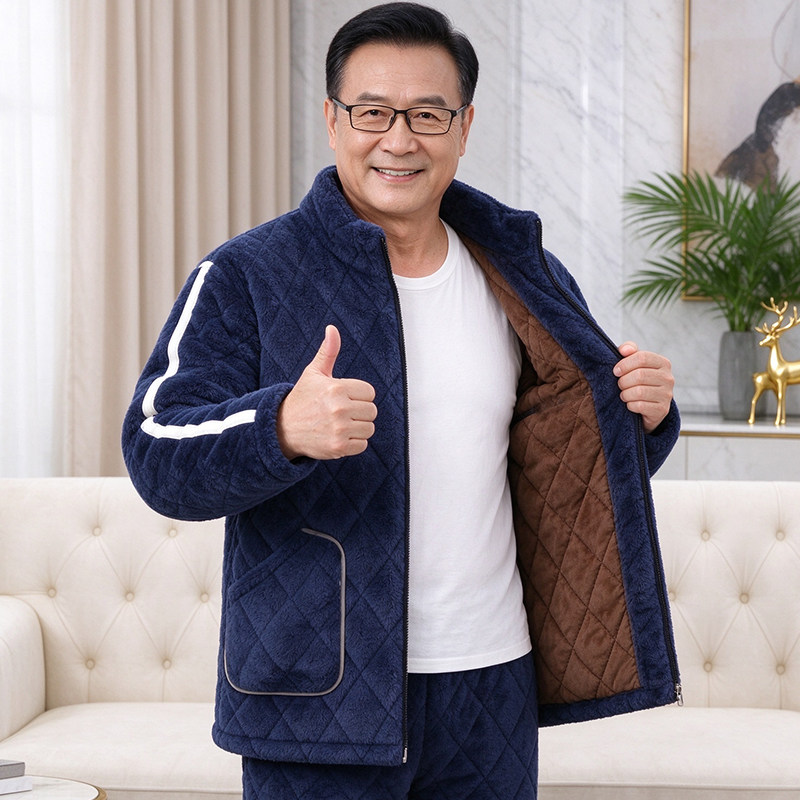 睡衣秋冬季加厚加绒珊瑚绒夹棉三层保暖中老年新款家居服套装男士