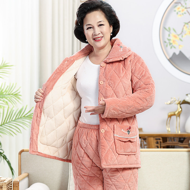 三层加厚加绒睡衣女士珊瑚绒夹棉袄新款中老年秋冬季套装家居服