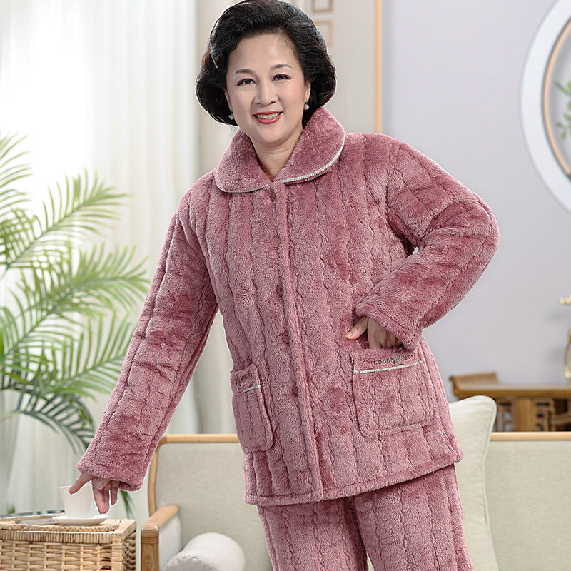 妈妈睡衣女秋冬季三层加厚珊瑚绒夹棉保暖加绒新款中老年家居服