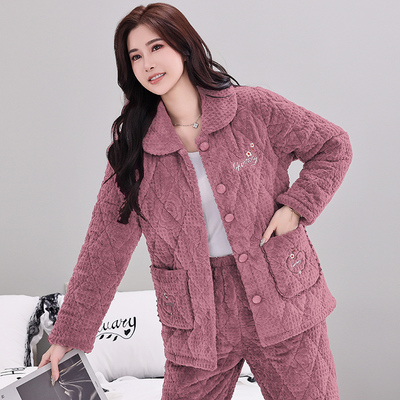 睡衣女士秋冬季三层加厚珊瑚绒夹棉袄保暖加绒新款中青年人家居服