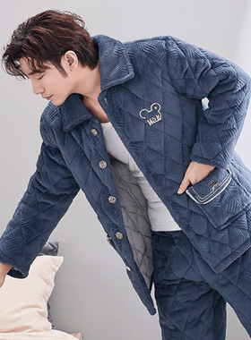 新款睡衣男士秋冬季加厚加绒珊瑚绒夹棉三层保暖中青年家居服套装