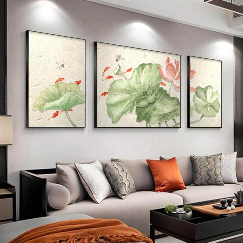 新款直销荷花鱼图客厅装饰画新中式沙发后面背景墙挂画大气三联画