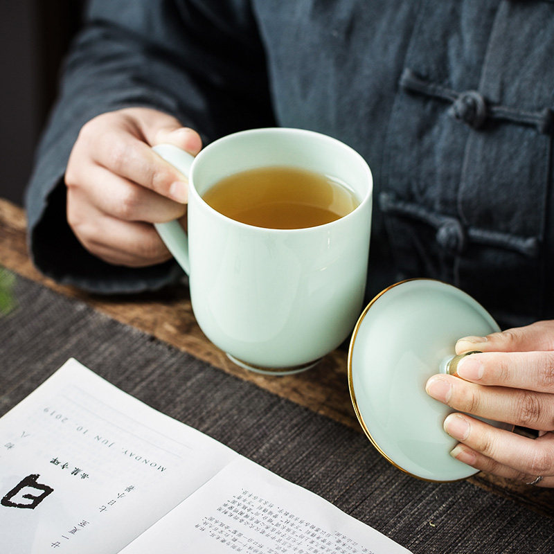 景德镇陶瓷茶杯影青骨瓷水杯办公会议杯子青色描金中式带盖杯定制