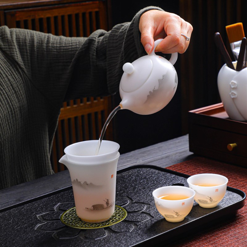 冰种玉瓷功夫茶具手绘水墨中国风套装素烧羊脂玉盖碗茶壶礼盒送礼