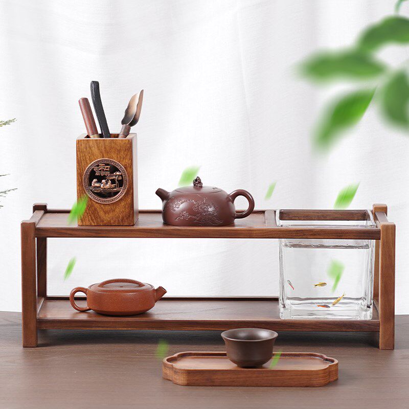 北美黑胡桃木桌面小博古架茶具茶宠收纳架中式紫砂茶壶茶杯置物架