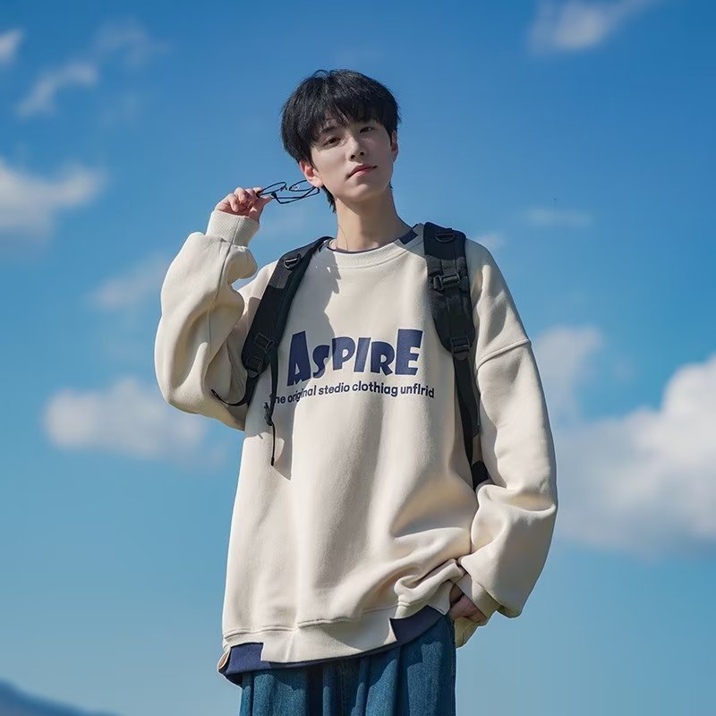 杏色假两件圆领卫衣男秋季美式复古潮牌字母印花无帽上衣