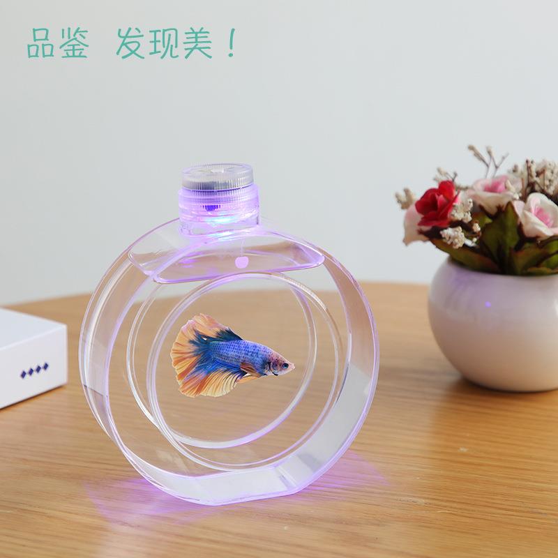 直销新款水母活物缸家养好养儿童学生桌面七彩遥控灯迷你懒人水族