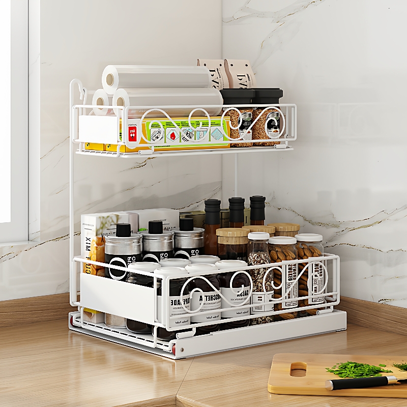直销新款厨房下水槽置物架双层抽拉式抽屉架台面调料收纳架