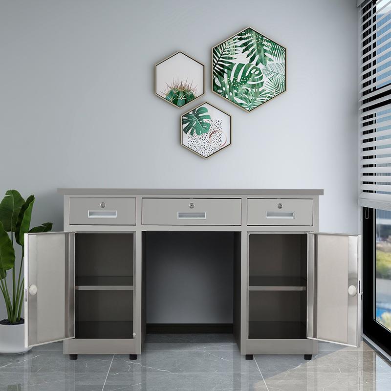 直销新款304加厚不锈钢办公电脑桌工作台带锁收银写字操作台带抽