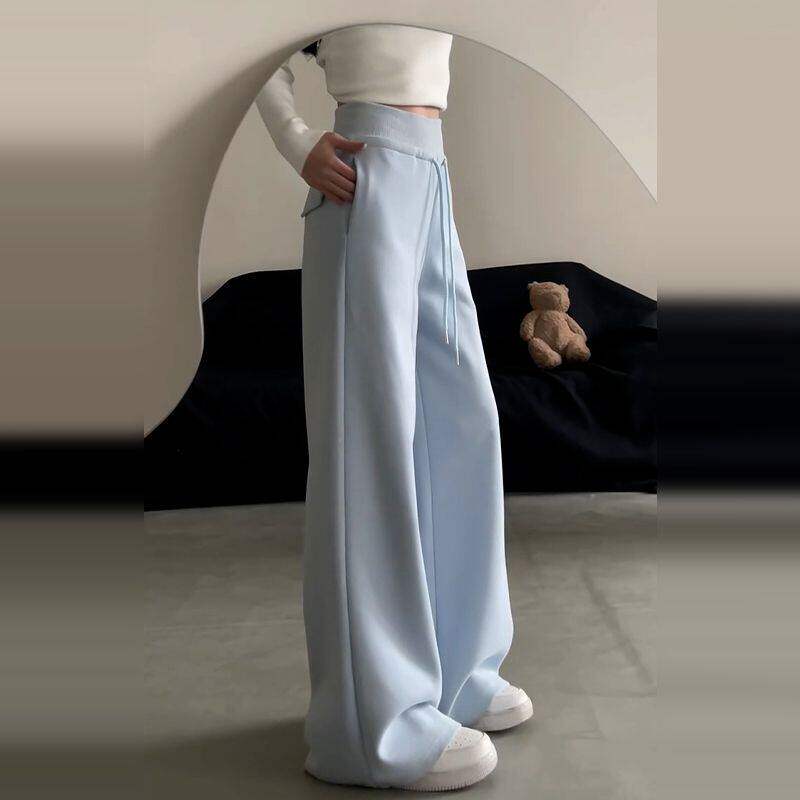 蓝色慵懒卫裤女2025年新款春装美式高腰直筒休闲小个子运动阔腿