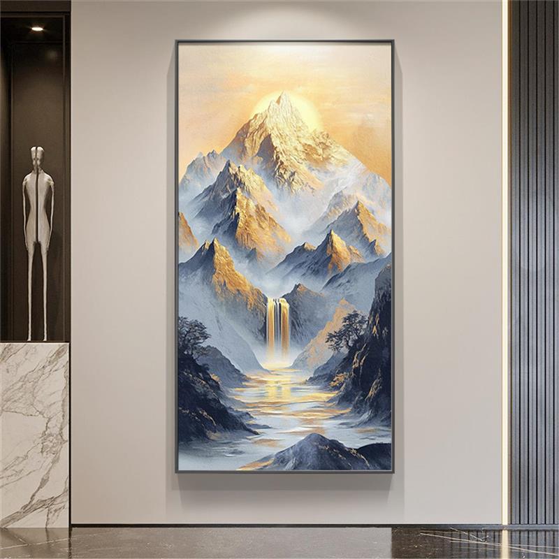 日照金山现代轻奢玄关装饰画入户门挂画聚宝盆山水画竖版高档壁画