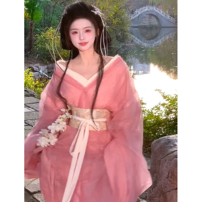 粉色绝美战国袍汉服女交领大袖衫