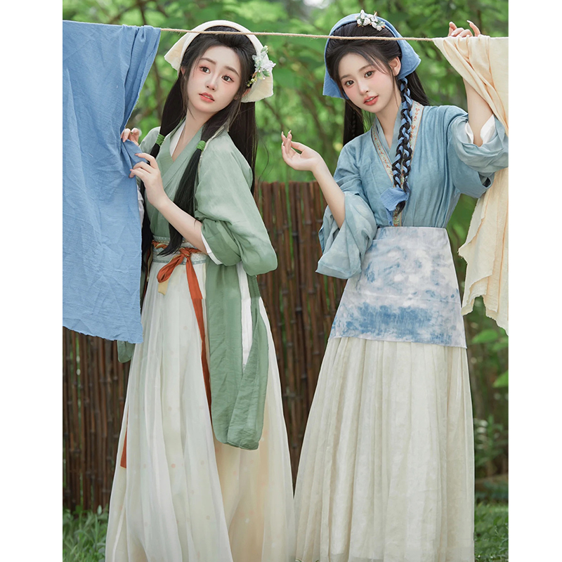 魏晋风古装绿色耕田成人汉服国风