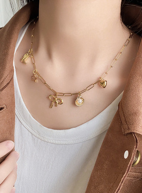 欧美风回形针蝴蝶结海滩吊饰项链时尚西部风粗牛仔靴项链跨境批发