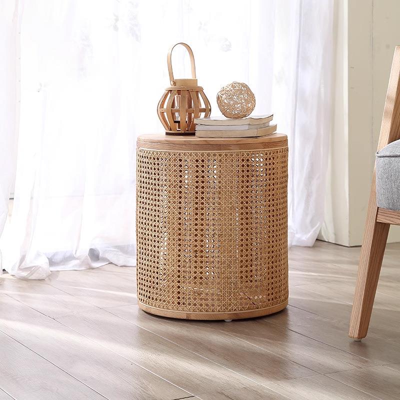 北欧圆几小户型客厅小桌子茶几简约现代阳台实木小边几藤编床头柜