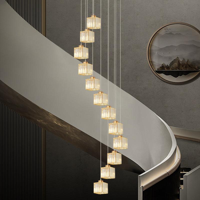 楼梯轻奢水晶吊灯旋转现代简约创意玻璃复式楼客厅别墅金色大灯