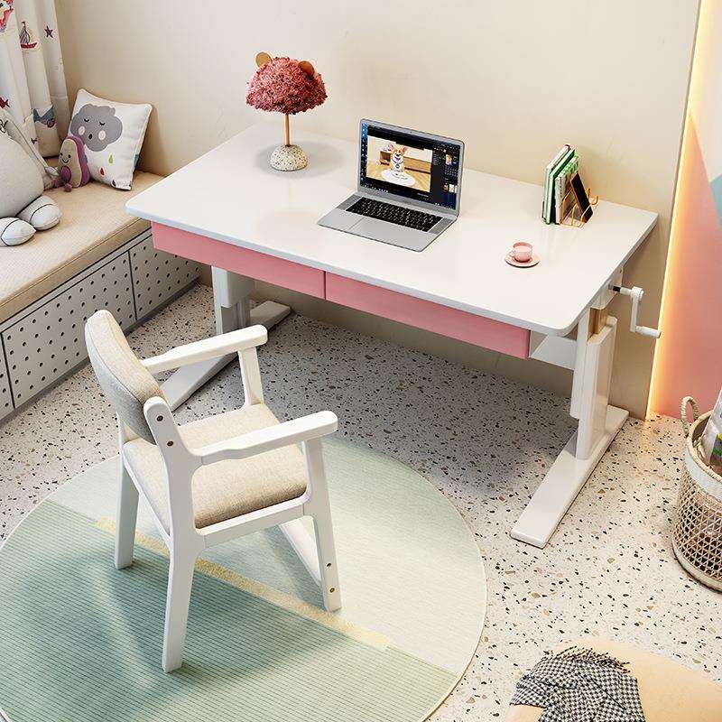 儿童书桌实木学习桌简约现代手摇升降写字桌家用小学生课桌椅原木