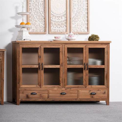 复古实木整装玻璃餐边柜子原旧木收纳美式乡村玄关储物柜家用