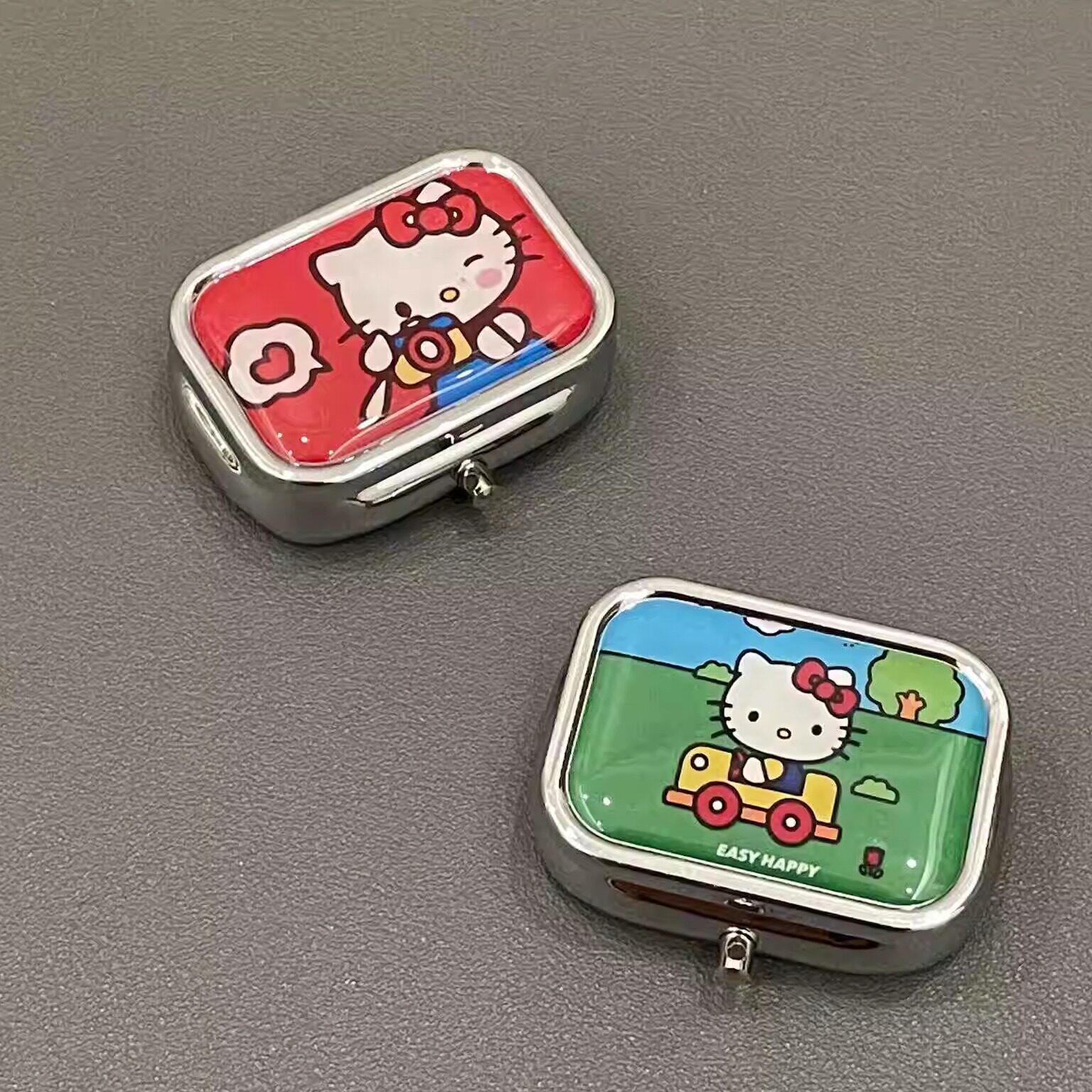hellokitty药盒凯蒂猫小铁盒药品分装盒便携首饰盒耳环迷你收纳盒